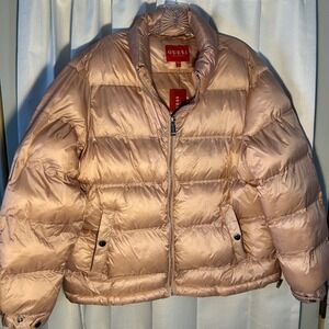 GUESS Women XL‎ Puffer Jacket Rose Gold Metallic Shiny Quilted Full Zip Warm